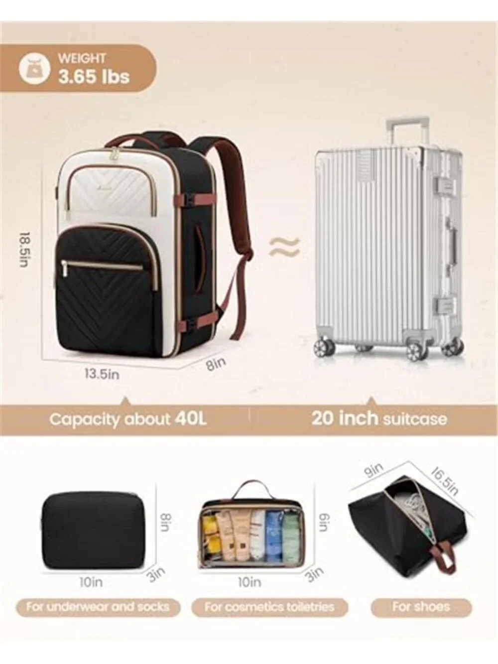 40L Travel Backpack Carry On Flight Approved TSA Laptop Women Men Waterproof